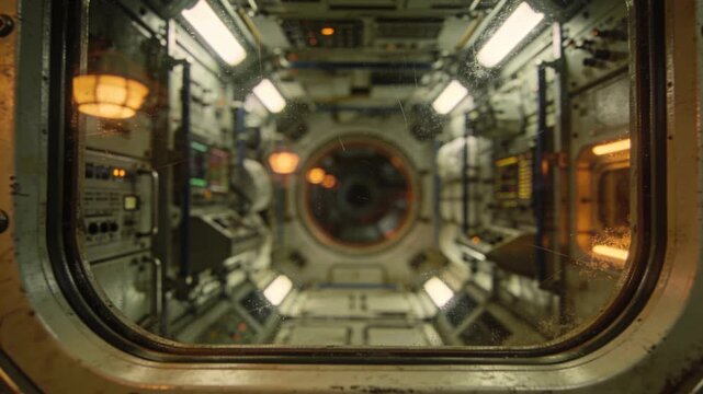 Recording fixed camera framing porthole into module corridor as droplets shifting for monitoring