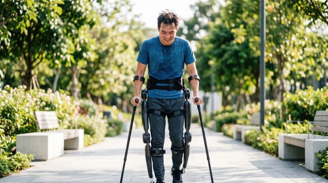 Asian man walking with robotic exoskeleton in park. Patient using bionic leg brace for paralysis rehabilitation. Medical technology for physical therapy and mobility support after injury.