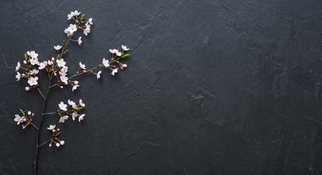 Elegant Japanese zen style sakura branch on rustic black stone texture, beautiful spring floral backdrop
(거친 검은 돌 질감 위 우아한 일본 젠 스타일의 사쿠라 가지, 아름다운 봄철 플로럴 백드롭)
