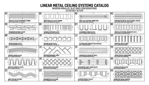 Linear metal ceiling systems catalog modern parallel slat grid configurations 24 distinct setups vector transparent background.