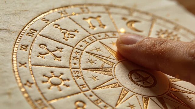Pressing right fingertip rotating central disc on parchment, revealing gold zodiac symbols