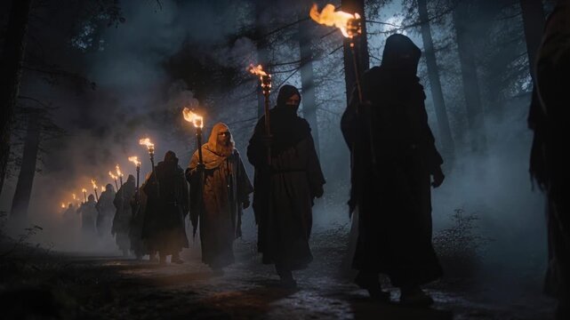Lead figure raising torch and leading hooded procession walking along foggy forest path for ritual
