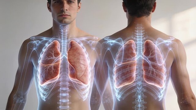 Activating overlay pulsing lungs and spine nodes over shirtless torsos in clinic, medical