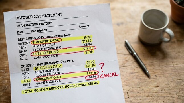 Monthly subscription billing statement on desk highlighted with cancel notes. Paper document detailing recurring charges with pen and coffee mug showing personal finance cost cutting budget