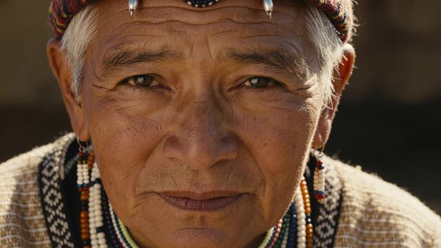 Sunlight causing Andean man blinking and shielding eyes at sunlit wall, wearing woven headband