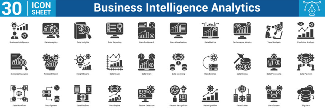 Business Intelligence Analytics editable icon set vector illustration concept for business with icon of Business Intelligence, Data Analytics, Data Insights, Data Reporting, Data Dashboard, Dat.