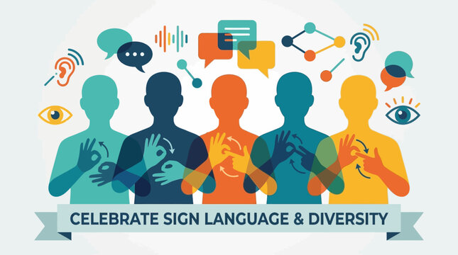 Colorful illustration of diverse individuals celebrating communication through sign language