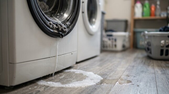 Washing machine leak water damage on home floor from broken laundry appliance. Featuring a soap puddle leaking from the front door seal with a sock.