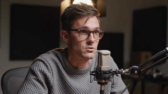 Recording starting, male host speaking, gesturing, emphasizing in studio with mic specs sweater