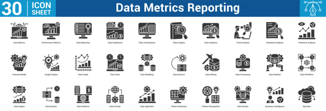 data metrics editable icon set containing graph, chart, modeling, science, mining, processing, pipeline,  and more.