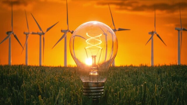 Glowing lightbulb in green grass with wind turbines spinning at sunset. Clean renewable energy, eco-friendly electricity and sustainable innovation concept
