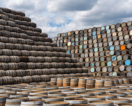 Hundreds of wooden barrels ready for maturing Scotch whisky at a Cooperage in Craigellachie, Moray, Scotland