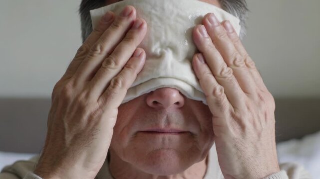 Lifting folded cloth above eyes, senior male placing it over eyes on bed, wearing light sweater