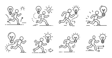 Naklejka premium Light bulb idea icons with people dancing - Animated vector icons of light bulb ideas popping up while people dance and celebrate with joyful expressions