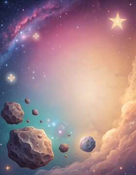 Colorful cosmic space background with floating asteroids, shimmering stars, and vibrant nebula clouds in a dreamy galaxy