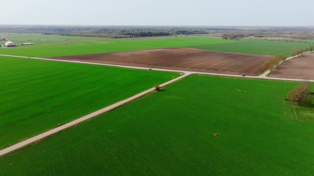 Vast cultivated countryside displays vivid spring growth and field patterns