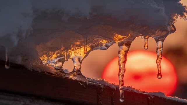 Dripping icicle cluster on wooden ledge releasing droplets as sun warming ice at sunset