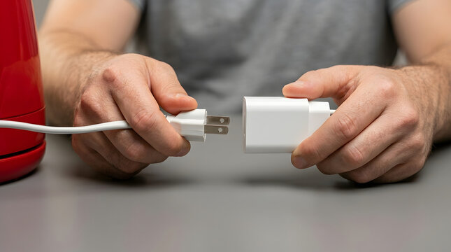 Hands holding incompatible electrical plug isolated on transparent background