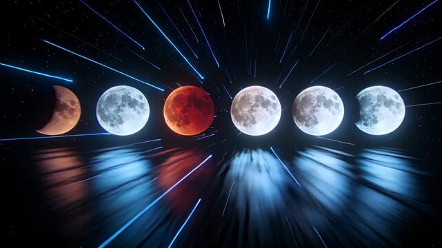 Glowing row of six moon spheres shifting phases on glossy floor, radial streaks intensifying behind