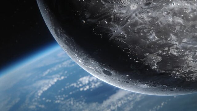 Panning camera showing Moon drifting across near Earth, revealing terminator, Earth limb, clouds