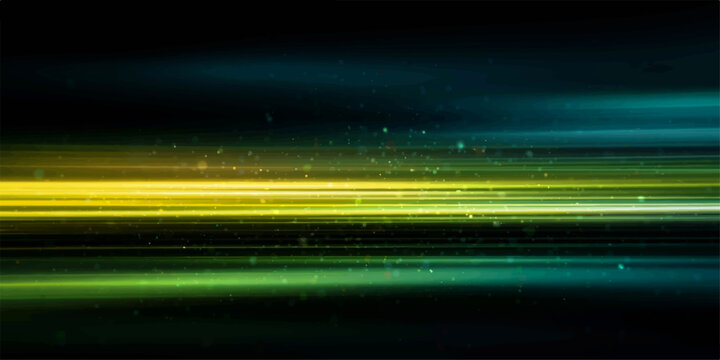 Abstract light streaks of yellow and green glow against a dark, textured background, creating a dynamic sense of motion and energy, with subtle sparkling particles adding a touch of magic.