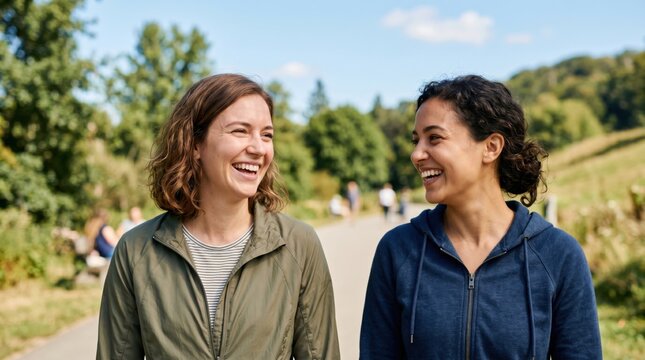 Two happy woman friends walking in park and laughing. Caucasian and hispanic girl talking while hiking outdoors. Active lifestyle and friendship in nature. Concept of social leisure.