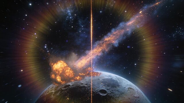 Approaching bolide trailing plasma from upper right striking lunar limb and making bright explosion