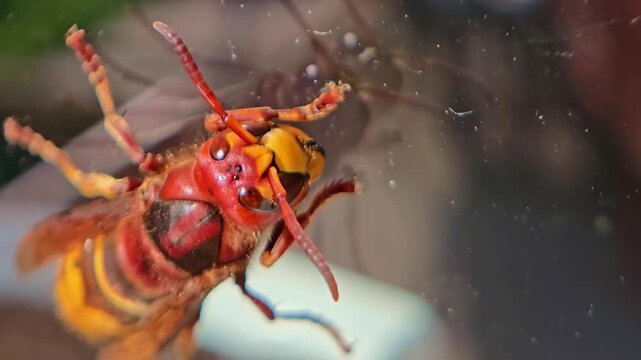 Vertical macro of hornet face showing eyes with moving antennae and legs.