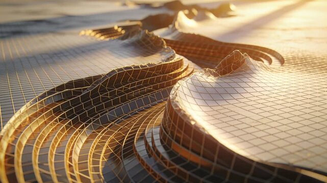 Camera shifting, stacked curved plates morphing under warm light on tiled base, showing square grid