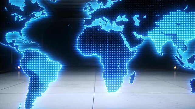 Pulsing holo dotted map spawning orb, casting neon glow in lab glossy floor reflecting for demo