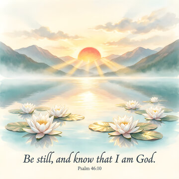 Psalm 46:10 scripture quote with white lotus flowers on calm lake at sunrise