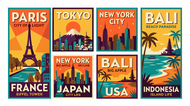 Vintage Travel Poster Set City Landmark Montage Collection