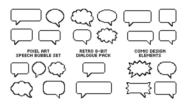 Pixel art speech bubble set vector elements for comic design and retro 8-bit dialogue packs.