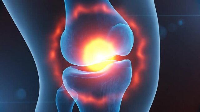 Anatomic illustration of human knee joint with localized pain.