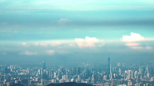 Aerial birds eye panoramic view of Malaysia capital city skyline at dawn time lapse