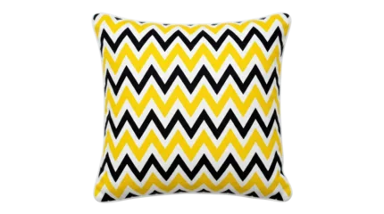 Square throw pillow with bold yellow and black zigzag pattern. © Nad