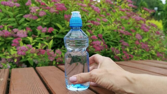 A woman's hand places a transparent blue plastic bottle with drinking water on a wooden surface against the background of bushes of blooming pink Japanese spirea (Spiraea japonica)

