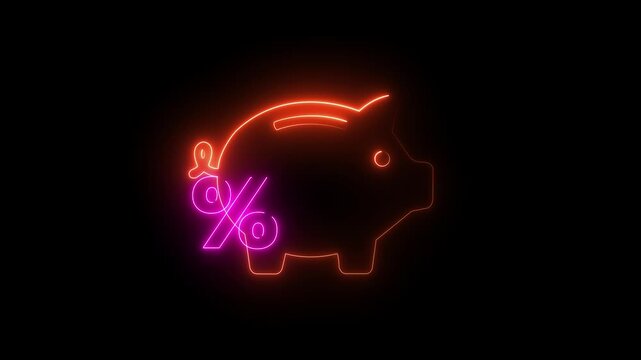 Financial profitability of savings. protecting a virtual piggy bank icon with a percentage sign ,Neon piggy bank with percentage symbol glowing animation for financial savings and interest rates 