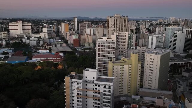 Downtown Curitiba, Paran&aacute;. Aerial view at sunset.