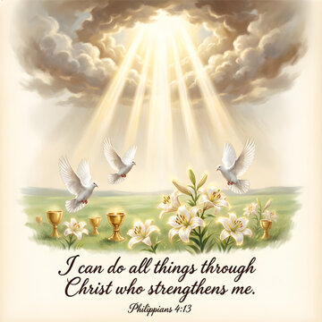 Philippians 4:13 holy scripture quote with white doves and sunrays over meadow