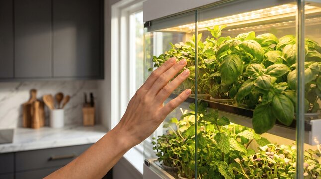 Hand Touching Vertical Hydroponic Herb Garden In Kitchen