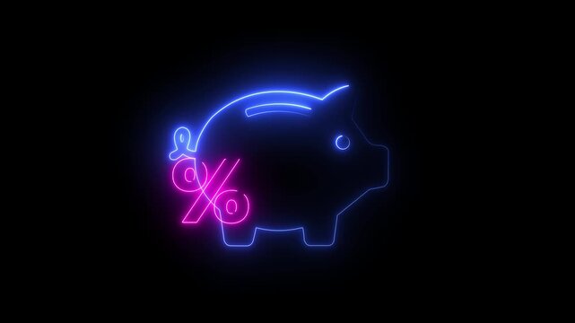Financial profitability of savings. protecting a virtual piggy bank icon with a percentage sign ,Neon piggy bank with percentage symbol glowing animation for financial savings and interest rates 