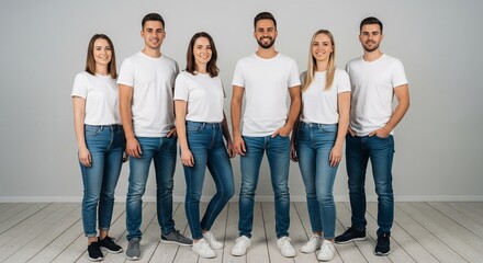 Obraz premium Six diverse young adults in plain white t-shirts and blue jeans standing together posing for a studio photograph