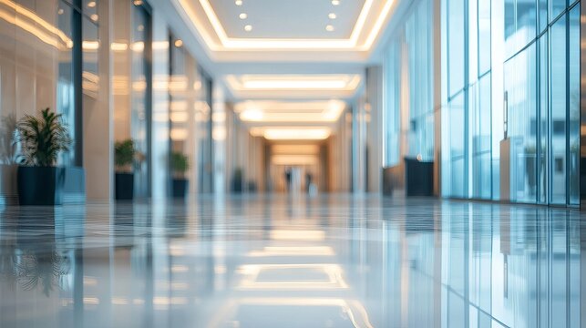 Long empty modern corporate office hallway with shiny polished floors and bright glowing recessed ceiling lights in a professional building