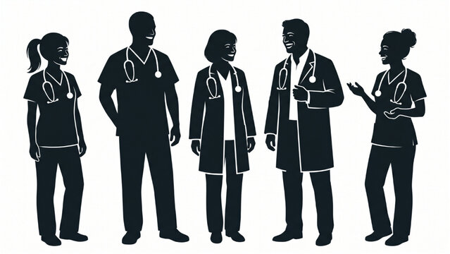 Medical Healthcare Team Silhouettes of Doctors, Nurses and Physicians &ndash; Hospital Staff in Uniform with Stethoscope, Patient Care and Treatment Concept, Isolated Vector Illustration on White Background