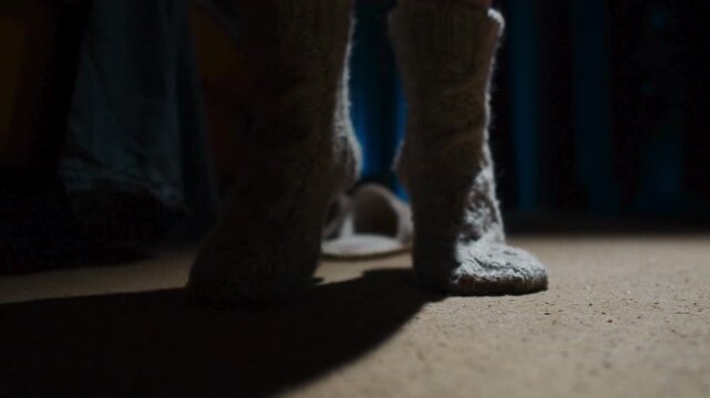 4K Video of a person stretching their legs and feet in cozy knitted wool socks while sitting on the edge of the bed in a dim bedroom at night, focus on texture and soft lighting.