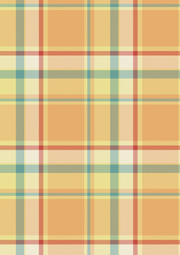 Seamless orange and teal plaid pattern. Classic tartan or checkered geometric background fabric texture in peach orange, soft yellow, cream, turquoise teal, and red lines. Vibrant textile design.