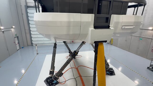 Closeup view of the botton part of a high-tech flight simulator in operation in a training session.