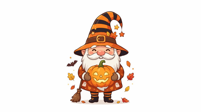 A cute Halloween gnome wearing a striped witch hat and holding a carved pumpkin, surrounded by falling leaves and a small bat