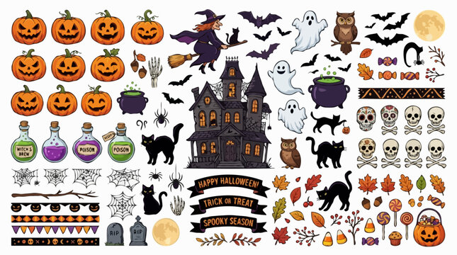A collection of Halloween-themed illustrations featuring pumpkins, a haunted house, ghosts, witches, bats, skulls, and other spooky elements
